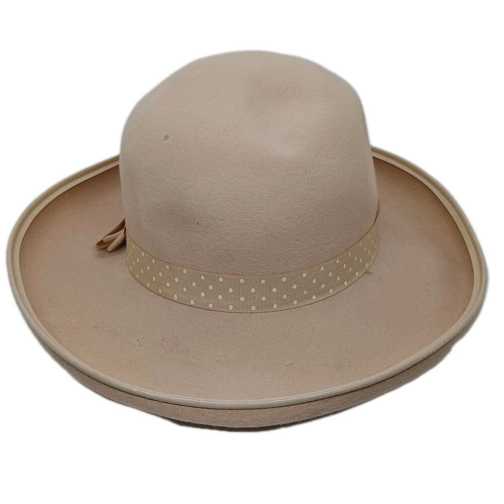 BONWIT TELLER Elizabeth Vintage hat beige Medium Brim Polka Dot Trim READ!
